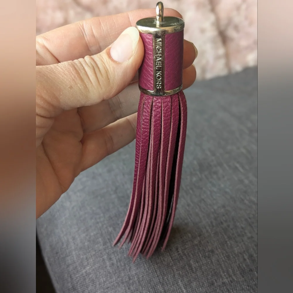 Michael Kors Burgundy Leather Tassel Bag Charm Keychain Gold Tone MK 7 In